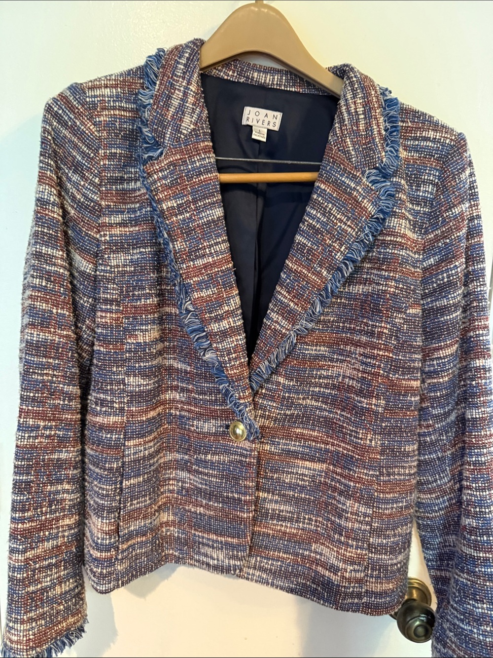 Joan Rivers Navy Blue & Brown Tweed Fringe Blazer